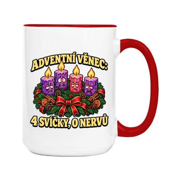 Hrnček veľký farebný s potlačou Adventní věnec: 4 svíčky, 0 nervů – adventná káva