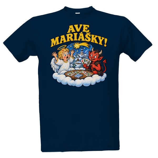 Tričko s potiskem Ave Mariášky! – anděl a čert, motiv pro mariášníky