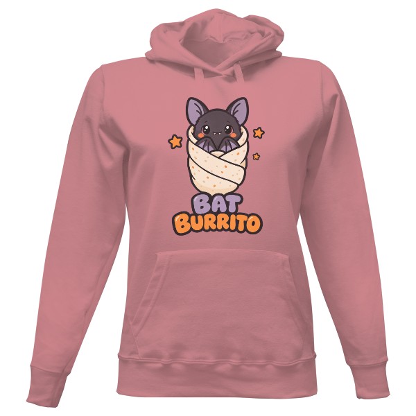 Dámská mikina s kapucí s potiskem Bat Burrito – netopýr zabalený do teplé deky