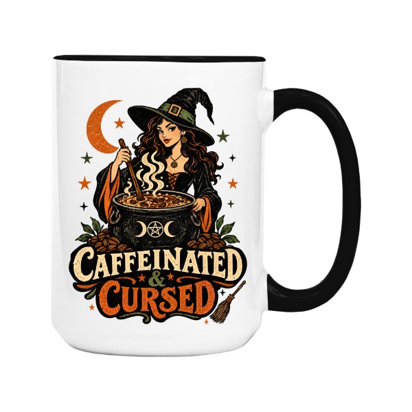 Hrnek velký barevný s potiskem Caffeinated & Cursed – čarodějnice vaří kávu