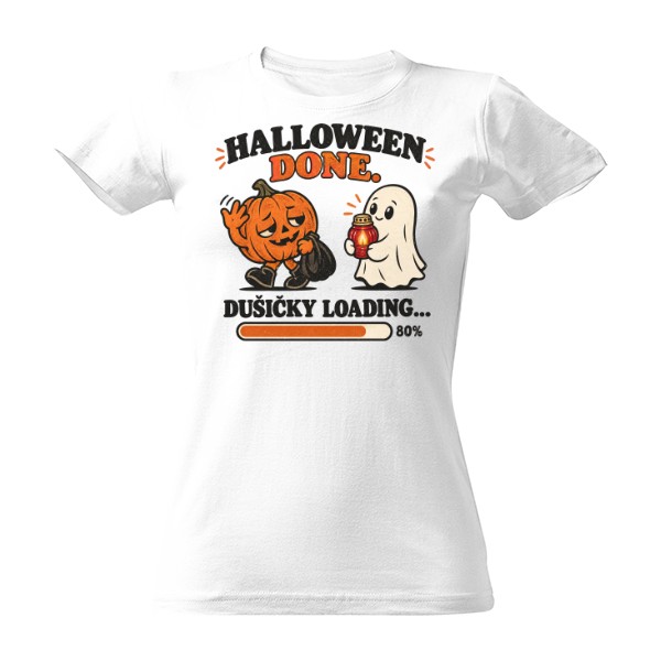 Tričko s potiskem Halloween Done. Dušičky Loading – dýně a duch se svíčkou