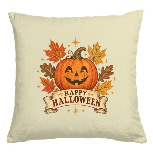 Polštář bavlněný s potiskem Happy Halloween – podzimní dekorace s dýní