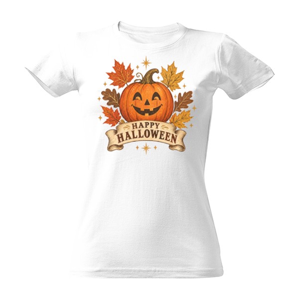 Tričko s potlačou Happy Halloween – vintage tekvica a jesenné lístie