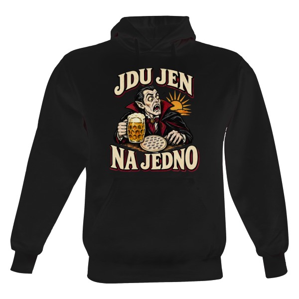 Pánska mikina s kapucňou s potlačou Jdu jen na jedno – upír, pivo a východ slnka