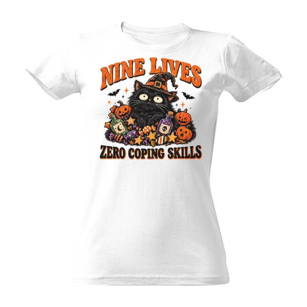 Tričko s potiskem Nine Lives, Zero Coping Skills – vyděšená černá kočka