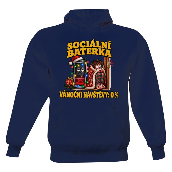 Pánska mikina s kapucňou s potlačou Sociální baterka: 0 % – introvert cez sviatky
