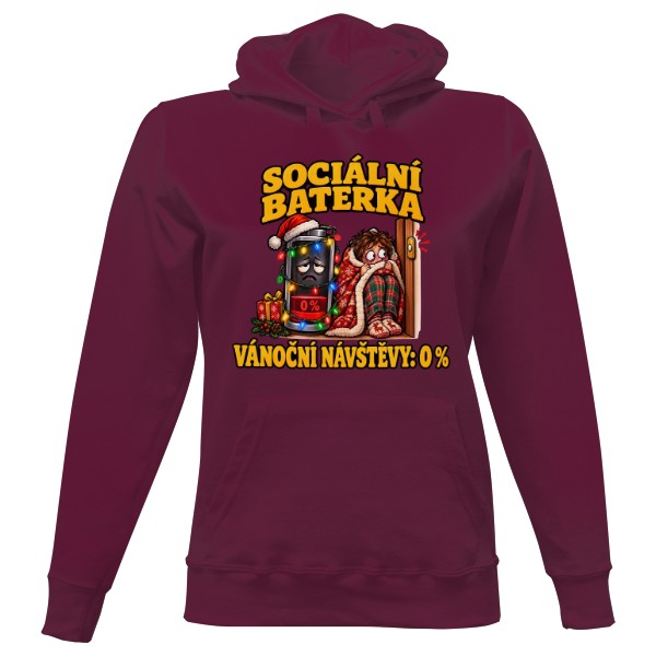 Dámská mikina s kapucí s potiskem Sociální baterka: 0 % – schovaná před návštěvou