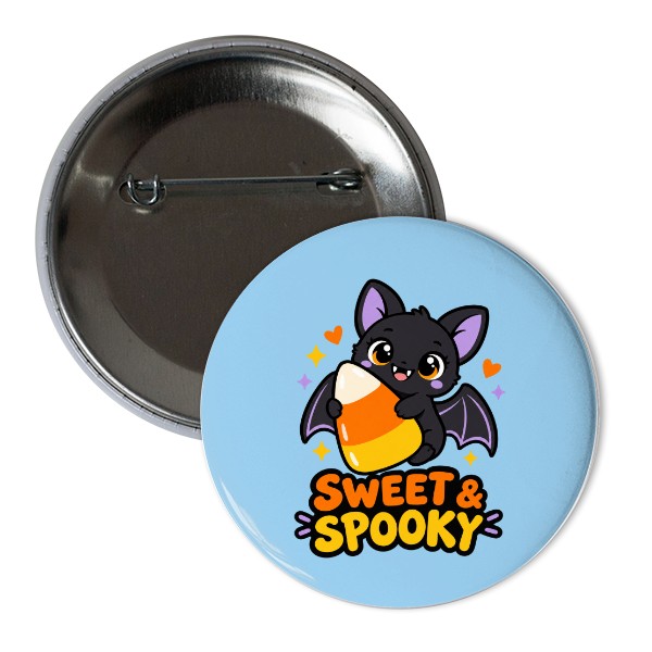 Odznáček s potiskem Sweet & Spooky – malý netopýr s cukrovinkou