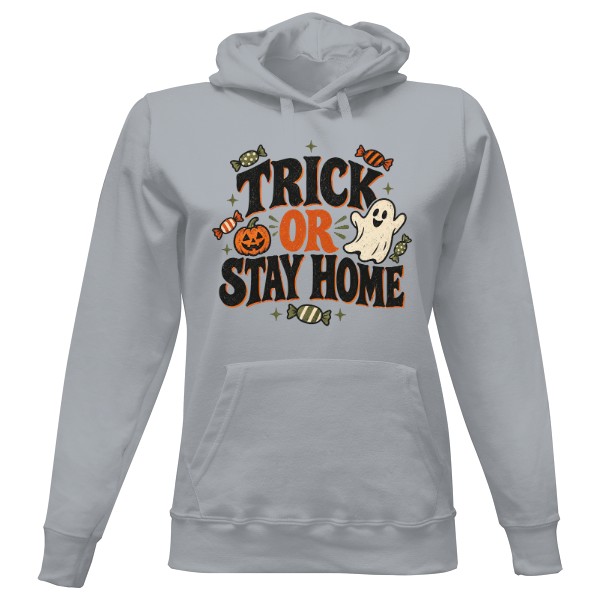 Dámská mikina s kapucí s potiskem Trick Or Stay Home – duch, co radši zůstane doma