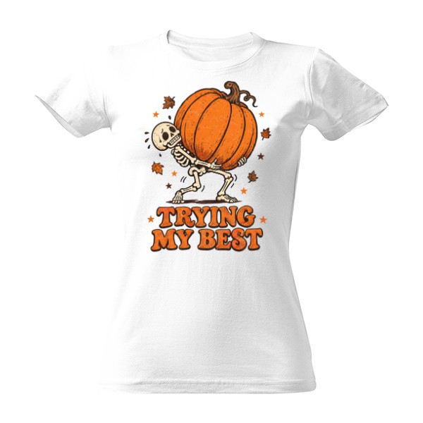 Tričko s potiskem Trying My Best – kostlivec s halloweenskou dýní